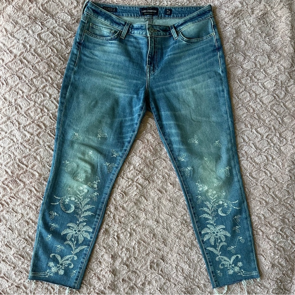 Lucky Brand Candiani Floral Embroidered Ankle Jeans, Distressed Ankle Hem, Sz 12
